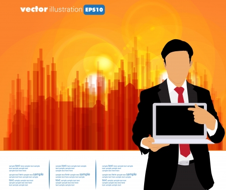 Businessman with computer and city backgroundのイラスト素材
