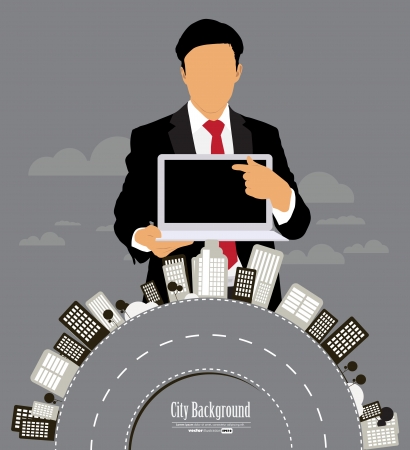 Businessman with computer and city backgroundのイラスト素材