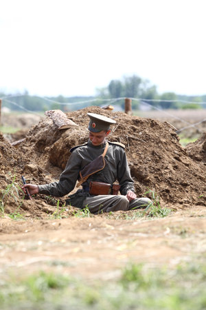 Bolimw POLAND MAY 31 2015: The First World War. Military reconstruction Commemorating the hundredth anniversary of the first use of gas warfare on the battlefield at May 31 2015 Bolimw Poland. During this battle were killed nearly 11000 soldiersのeditorial素材