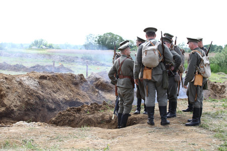 Bolimw POLAND MAY 31 2015: The First World War. Military reconstruction Commemorating the hundredth anniversary of the first use of gas warfare on the battlefield at May 31 2015 Bolimw Poland. During this battle were killed nearly 11000 soldiersのeditorial素材