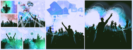 Concert, disco party. People with hands up having fun. Vintage mood illustration