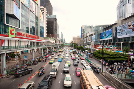 BANGKOK, THAILAND - JULY 30, 2017: City scape traffic on the front of Central world. Traffic in Bangkok,のeditorial素材
