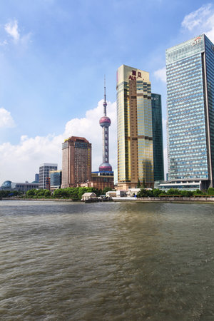 SHANGHAI - JULY 10, 2016: Urban landscape of office buildings in Lujiazui, Shanghai Bund