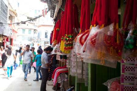KATHMANDU, NEPAL - JULY 17, 2018: Street in the Thamel district, Kathmandu. Thamel is a tourist...