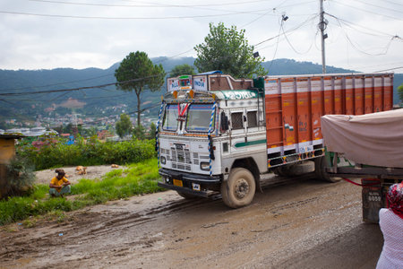 KATHMANDU, NEPAL - JULY 13, 2018: Popular colorful trucks decorated nepalese style.のeditorial素材