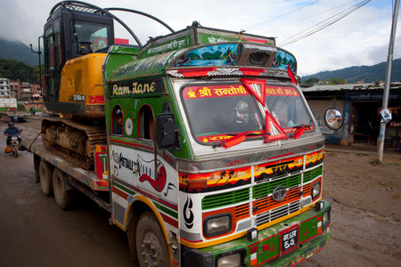 KATHMANDU, NEPAL - JULY 13, 2018: Popular colorful trucks decorated nepalese style.のeditorial素材