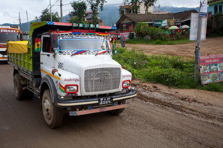 KATHMANDU, NEPAL - JULY 13, 2018: Popular colorful trucks decorated nepalese style.のeditorial素材