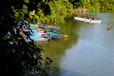 Small wooden boats on the Phewa Lake in Pokhara, Nepalのeditorial素材