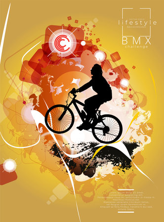 Active young man doing tricks on a bicycle, extreme sport concept. Sport background ready for poster or banner, vectorのイラスト素材