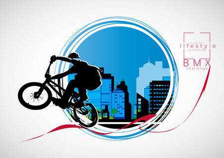 Active young man doing tricks on a bicycle, extreme sport concept. Sport background ready for poster or banner, vectorのイラスト素材