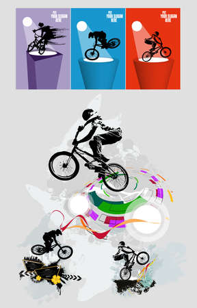 Active young man doing tricks on a bicycle, extreme sport concept. Sport background ready for poster or banner, vectorのイラスト素材
