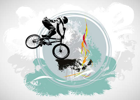 Active young man doing tricks on a bicycle, extreme sport concept. Sport background ready for poster or banner, vectorのイラスト素材