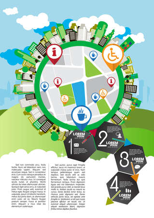 Vector illustration of infographic urban landscape. Smart city with futuristic elementsのイラスト素材