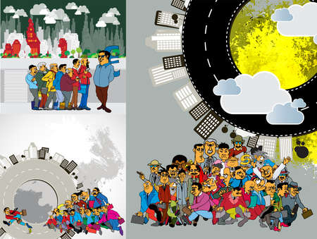 Cartoon people on the city street. Vector illustration for your designの写真素材