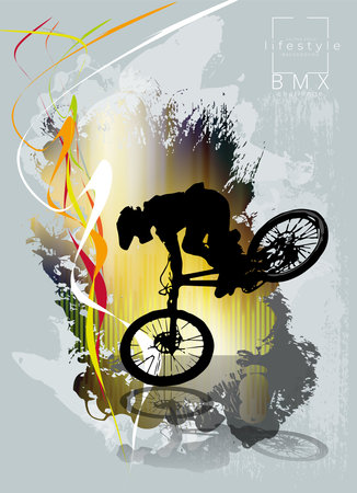 BMX rider silhouette on grunge background with space for your textの写真素材