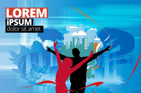 Dancing people silhouettes on city background. Vector illustration for your designの写真素材
