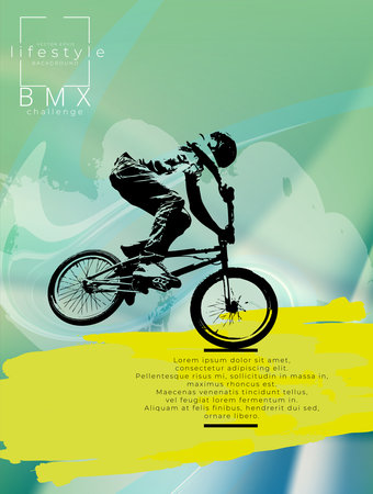 BMX rider silhouette on abstract background with place for your text.の写真素材