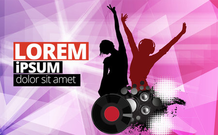 Music event party poster with silhouettes of people dancing and having funの写真素材