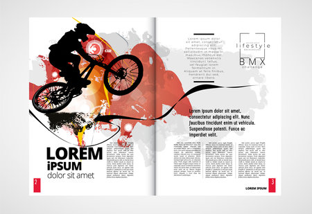 Sport magazine layout, brochure template with bmx rider. Vectorの写真素材