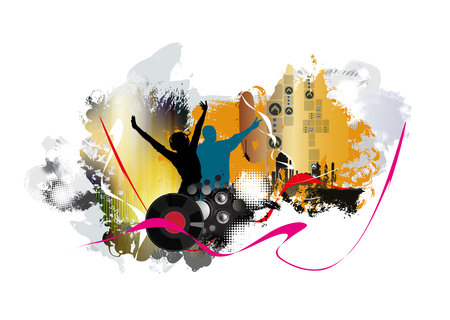 Dancing people silhouettes. Music festival background. Vector illustration.の写真素材