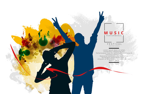 Silhouettes of people dancing on a colorful background. Vector illustrationの写真素材