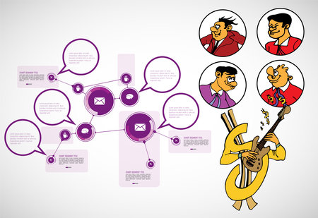 Vector illustration of business infographics with man playing guitar and speech bubblesの写真素材
