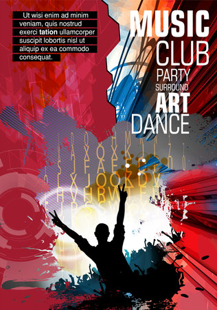 Music event poster with dancing people silhouettes. Ideal for parties invitation or greeting card design template.の写真素材