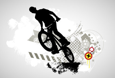 Silhouette of a bmx rider on a grunge backgroundの写真素材