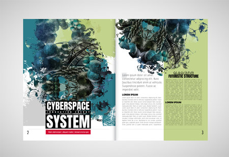 Magazine layout, vector print template with blue grunge abstract background.の写真素材