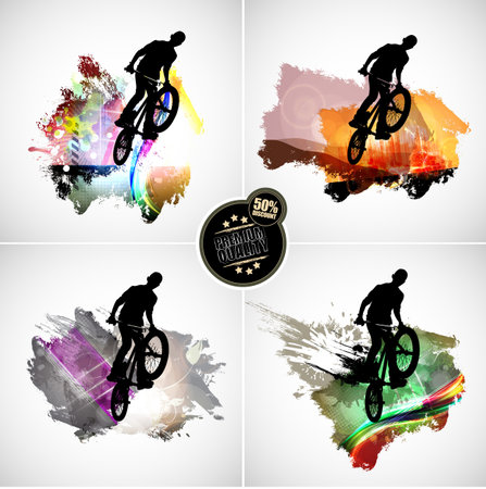 Bmx rider silhouettes on abstract grunge background. Vector illustrationの写真素材