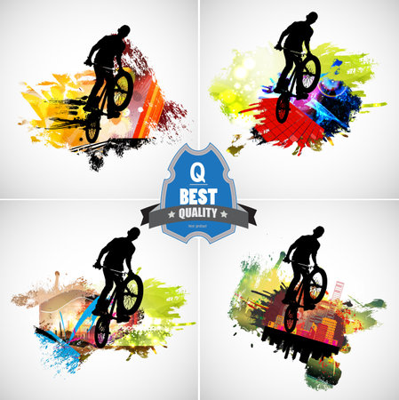 Bmx rider jumping with bmx bike on colorful background, vector illustrationの写真素材