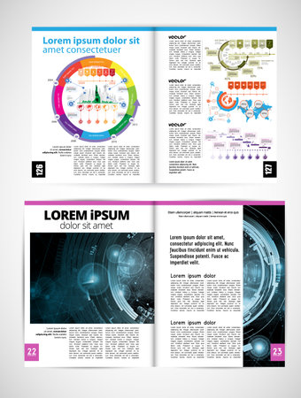 Vector empty bi-fold brochure print template design with statistic and infographic elementsの写真素材