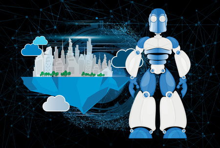 Robot with city and cloud computing concept. 3d vector illustrationの写真素材
