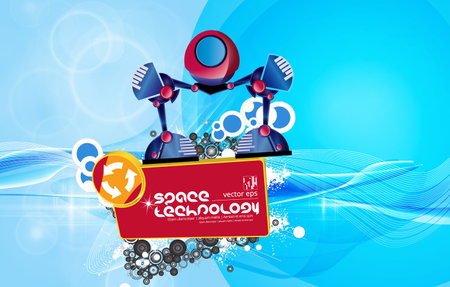 Vector illustration of a robot with a set of icons on a blue backgroundの写真素材