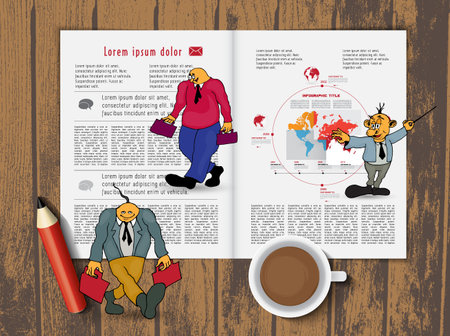 Magazine layout with cartoon character. Editable vector illustration in flat styleの写真素材