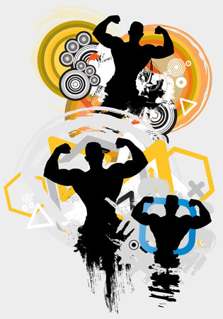 Silhouettes of people doing fitness on a grunge background. Vector illustration.の写真素材