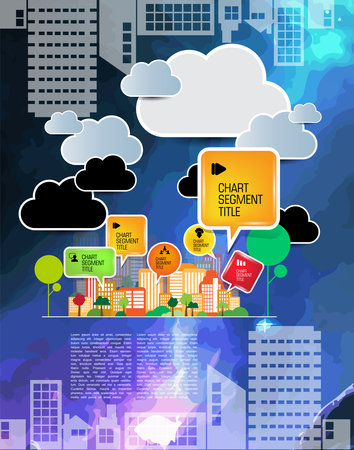 Modern City Skyline with Colorful Buildings and Cloud Computing Icons, Vector Illustrationのイラスト素材