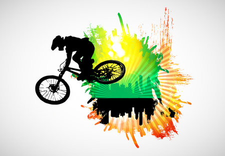 Cyclist silhouette on colorful splashes background. Vector illustration.の写真素材
