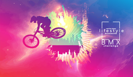 Cyclist jump on colorful background with splashes. Vector illustration.の写真素材