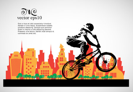 Cyclist on the background of the city. Vector illustration.のイラスト素材