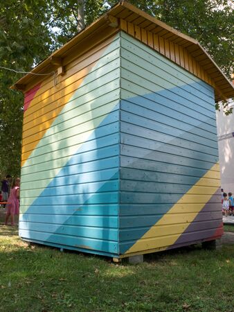 Colorful colored house, green, blue, yellow, orange. Booth on Spancirfest 2019.の写真素材