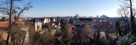 The panorama of the old part of town Zagreb, Croatia. View of Gunduli?eva Street, Zagreb, Croatia. View from Strossmayer's Promenade on old part of Zagreb.の写真素材