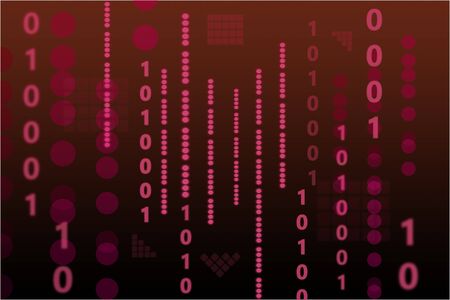 Red binary digital background with glowing numbers and shapes floating.の写真素材