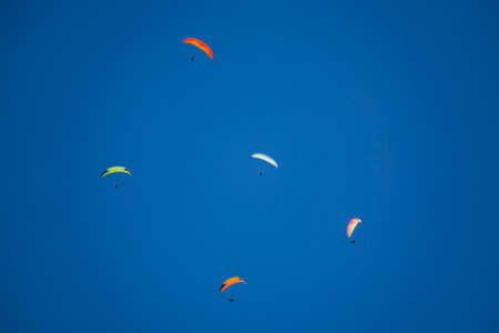 Sportsmen paragliding high in the blue clear sky.の写真素材