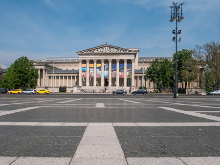 BUDAPEST/HUNGARY- 2023-05-19: the Museum of Fine Arts. painting Exhibition of Tivadar Csontvary Kosztka. stone columns. tympanum. stone stairs. famous Hungarian artist of 19th centuryのeditorial素材