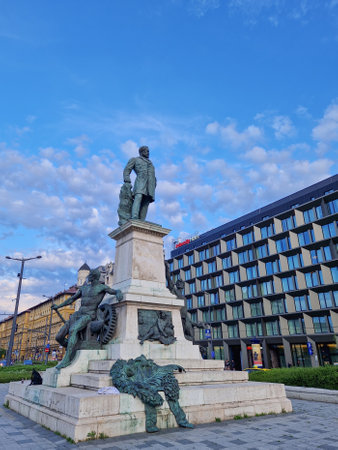 BUDAPEST/HUNGARY - 2023-05-19: Statue of Garbor Baross in front of the eastern railway terminal in Baross square Budapest, Hungaryのeditorial素材