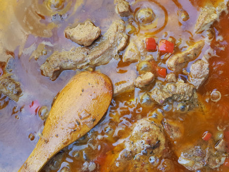 Close-up of bubbling beef stew with meat, vegetables, and rich broth in a pot. A wooden spoon rests in the liquid, showing the simmering cooking process. Rustic outdoor setting highlights traditional comfort food.の写真素材