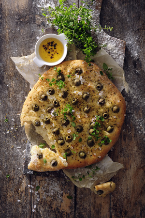 Focaccia bread with olives.の写真素材