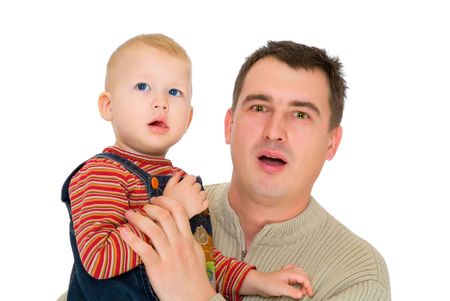 father and son look with open mouth isolated on whiteの写真素材