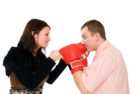 young man and woman boxing isolated on whiteの写真素材